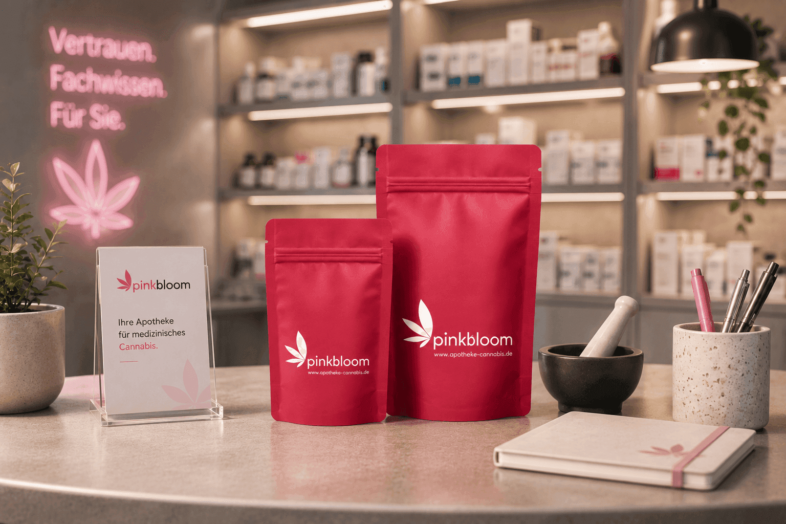Verpackungen von Cannabis ausgestellt in der Apotheke
